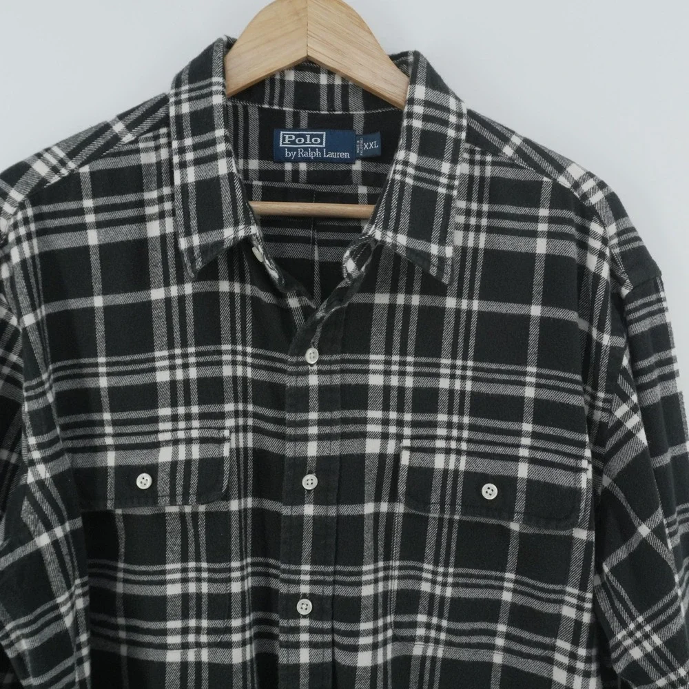 VTG Polo Ralph Lauren Flannel Shirt Men XXL Black White Plaid Button Down Pocket